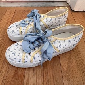 LoveShackFancy x Superga Platform Sneakers, White w/ Pastel Floral, size 6.5